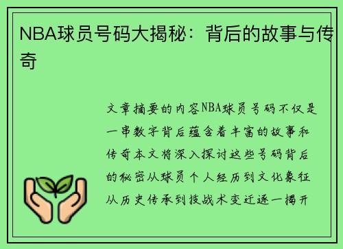 NBA球员号码大揭秘：背后的故事与传奇